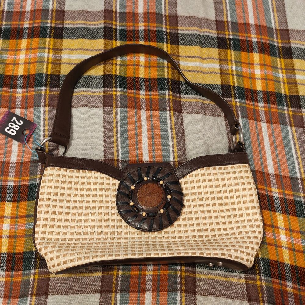 Kate Landry Woven Straw Shoulder Bag with Genuine Leather Trim. EUC.